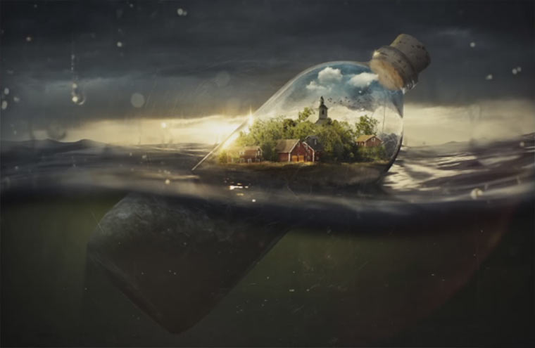 Making of Fotomanipulation „Dorf in Flasche“