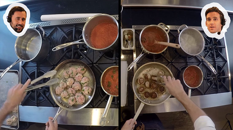Koch-Anfänger kocht per Headset verbunden parallel zu einem Küchenchef headset-chef 