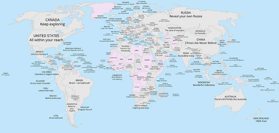 Tourismus-Slogans aller Länder auf einer Karte