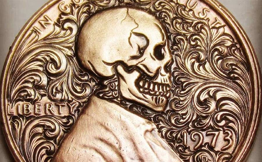 Totenkopf-Gravur einer Lincoln-Münze lincoln-coin-skull-engraving 