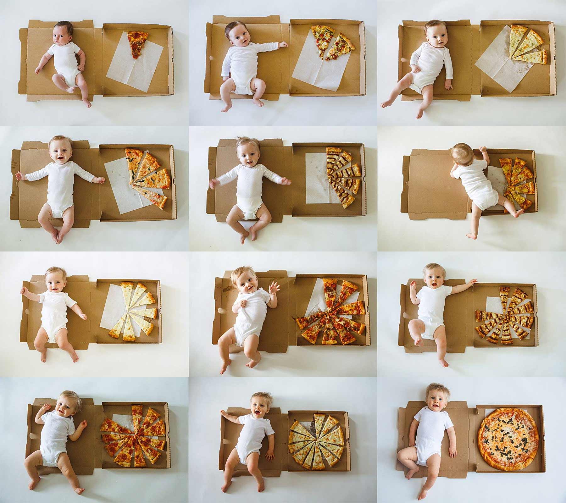 Baby-Wachstum monatlich mit Pizzastücken dokumentiert