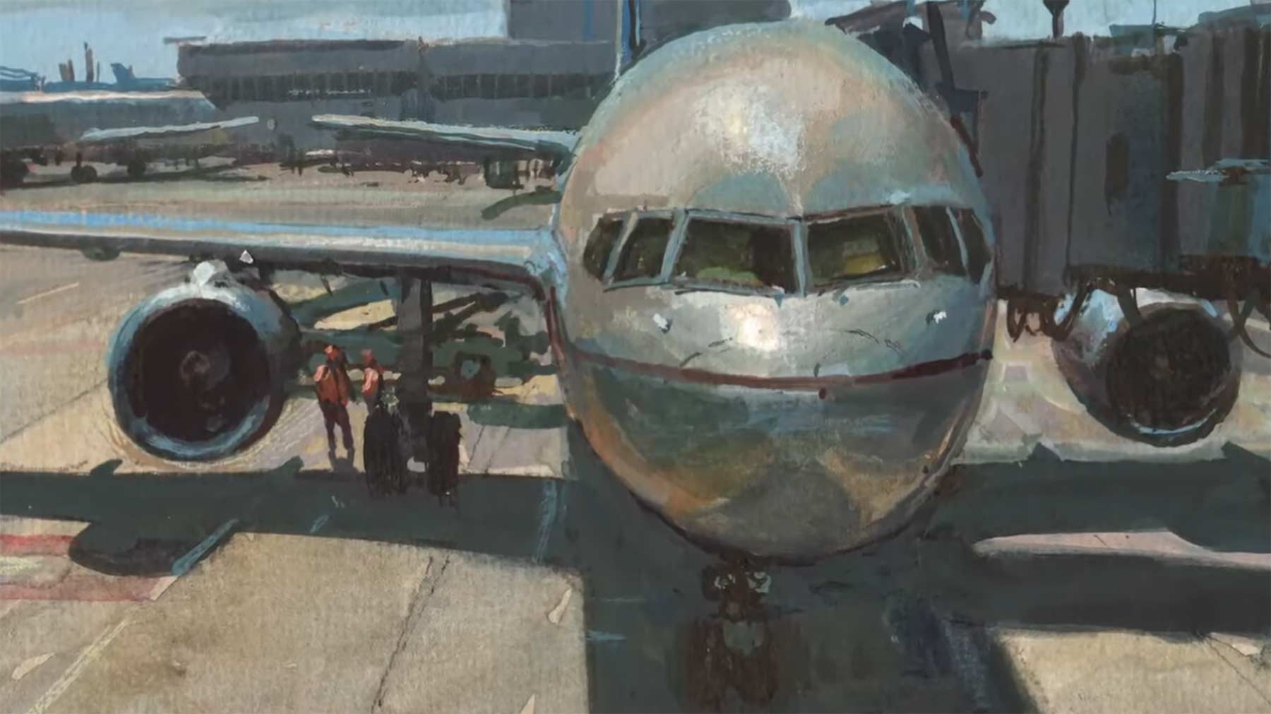 Ein Flugzeug beim Warten auf das Boarding malen Painting-an-Airliner-in-Gouache 