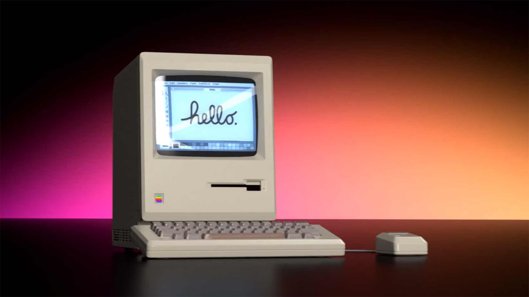 Moderne Werbe-Animation für einen alten Macintosh 128k Computer