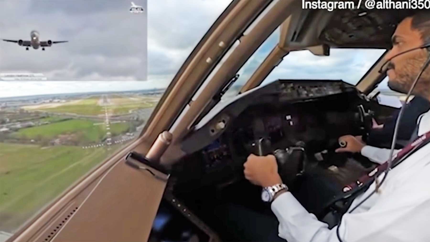 Cockpit-Sicht eines Flugzeug-Landeanfluges bei Sturm