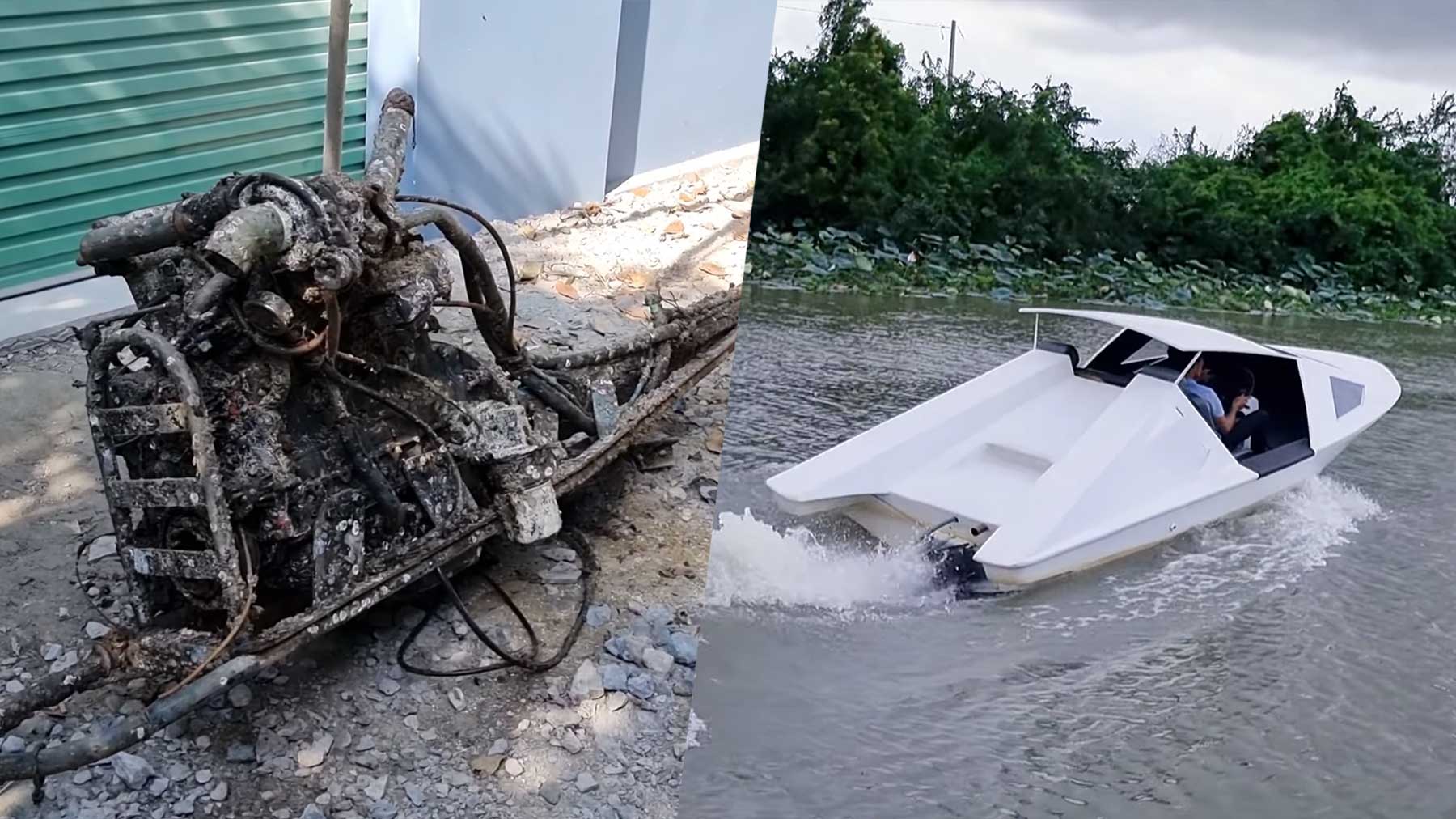 Boot aus angeschwemmten Motor & Altmetall gebaut