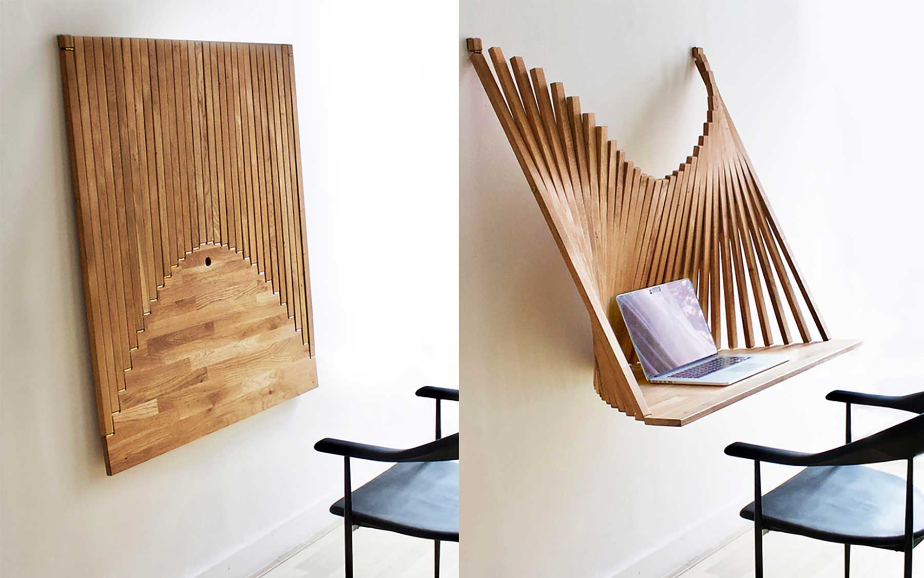 Modularer Holzschreibtisch, der flach an der Wand hängt flow-wall-desk-Robert-van-Embricqs 