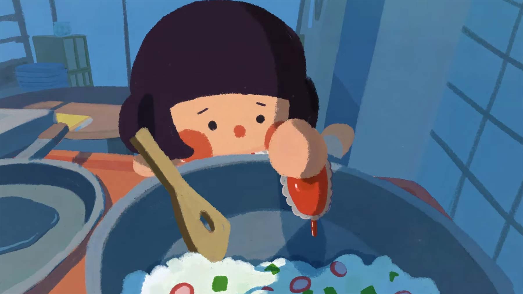 Mädchen allein zuhause kocht sich was im Kurzfilm "DOCOOK" DOCOOK-animierter-kurzfilm 