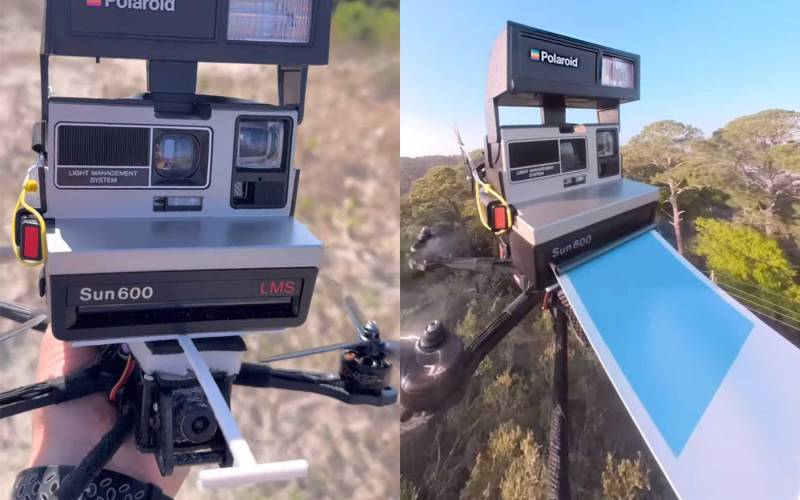 Alte Polaroidkamera an Drohne befestigt