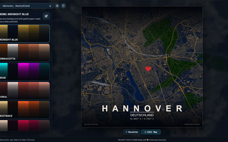 TerraInk: kostenlos stylische Design-Karten von Städten online erstellen