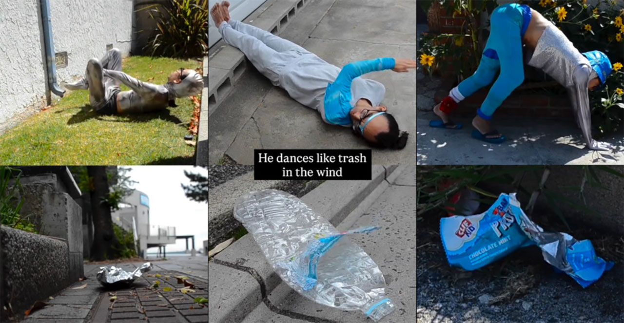 Mann kleidet und bewegt sich wie Müll dancing-like-trash-muellbewegung-nachgemacht 