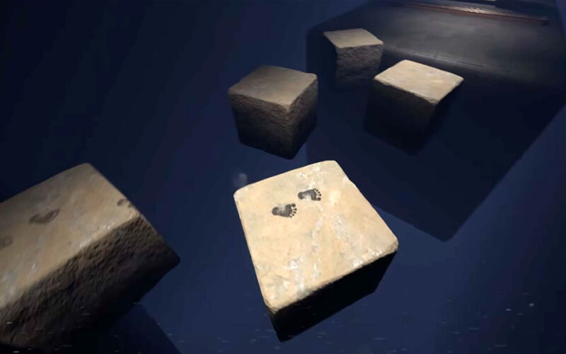 Unsichtbar: Im Plattformer-Spiel „AM I HERE?“ sind nur Fußabdrücke zu sehen