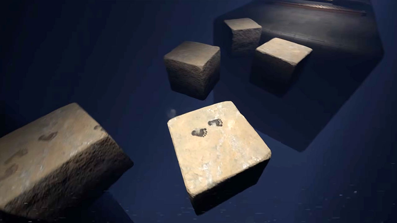 Unsichtbar: Im Plattformer-Spiel "AM I HERE?" sind nur Fußabdrücke zu sehen Am-I-Here-Spiel-unsichtbares-Jump-and-Run 