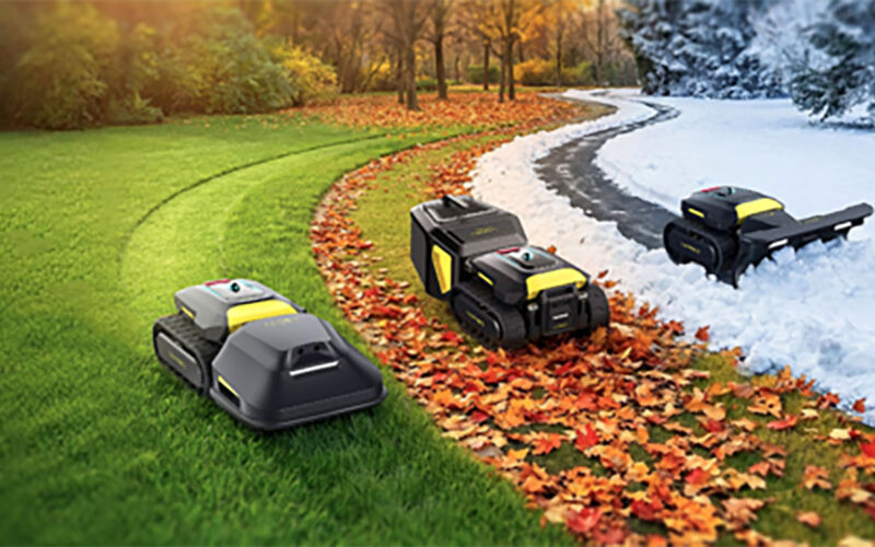 Rasenroboter, der mähen, trimmen, Laub sammeln & Schneeschieben kann