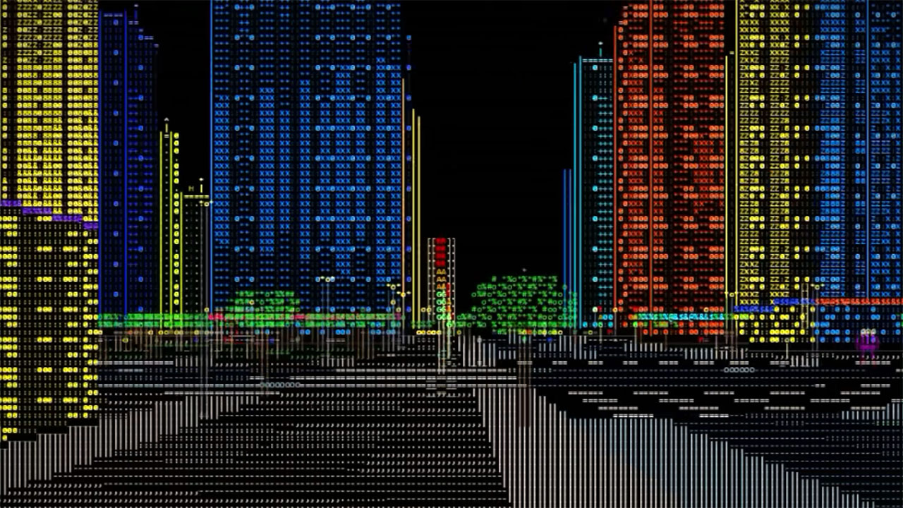 Durch eine 3D-ASCII-Welt laufen 3D-ASCII-Welt-stadt-bildgenerator